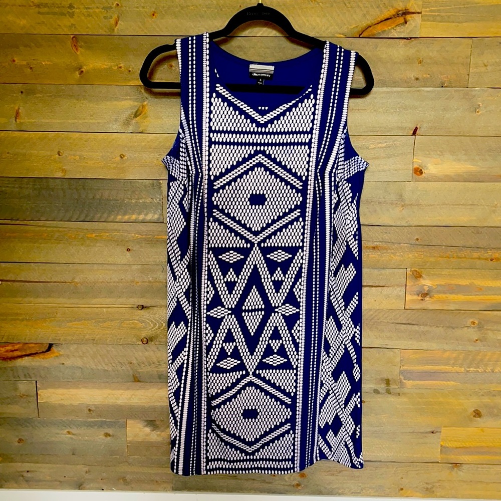 Navy blue and white cotton dress.